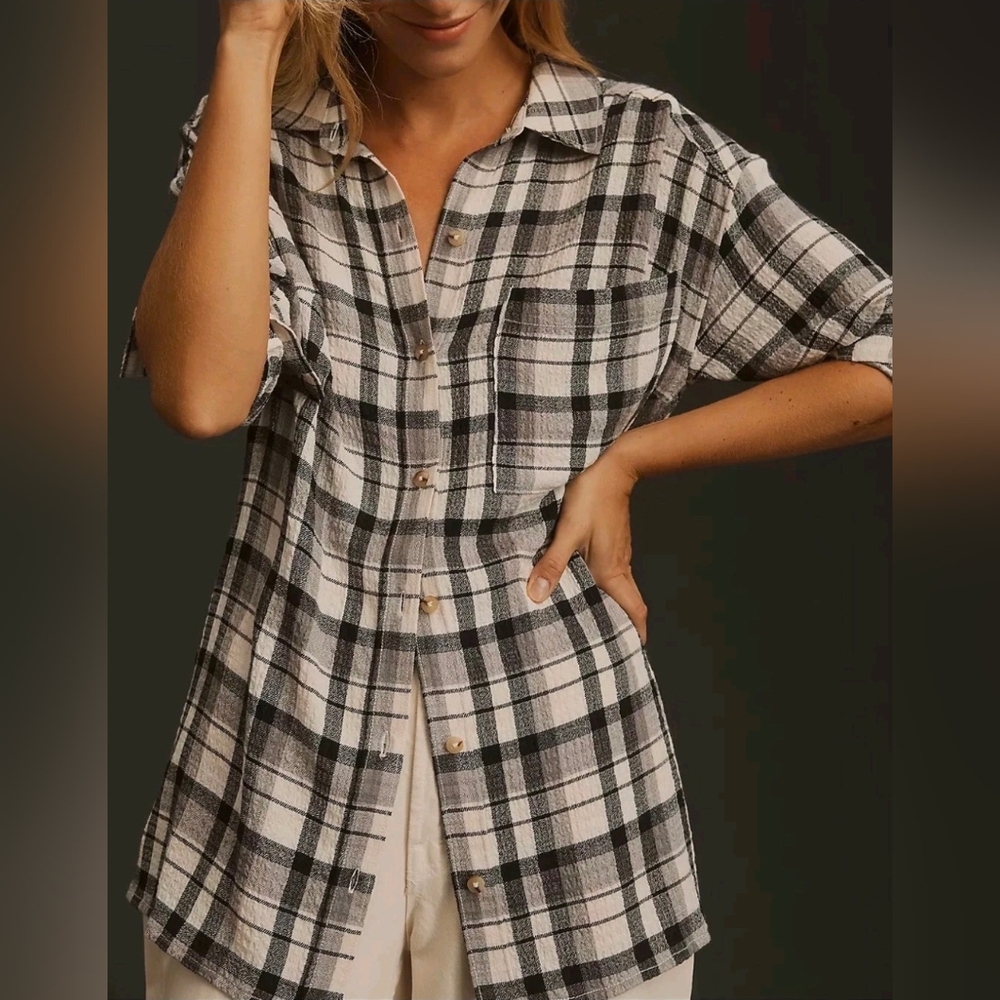 Pilcro x Anthropologie Longline Relaxed Plaid Buttondown Black White Top Medium - Picture 3 of 10